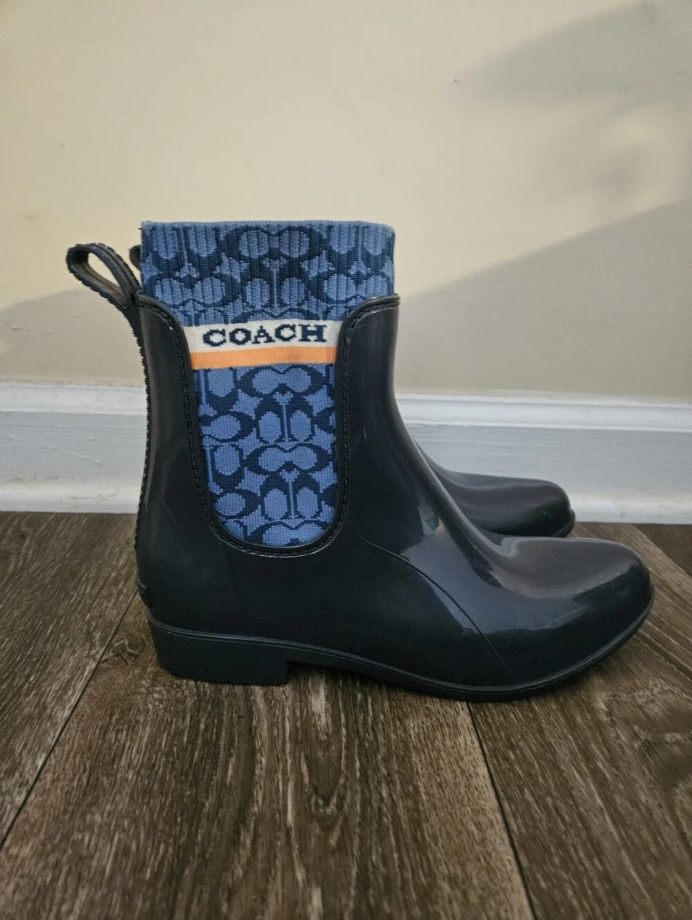 Coach Women's Navy Rain Chelsea Boots with Signature Blue Knit, Size 7